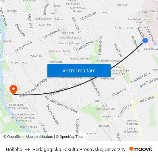 Hollého to Pedagogická Fakulta Prešovskej Univerzity map