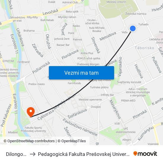 Dilongova to Pedagogická Fakulta Prešovskej Univerzity map