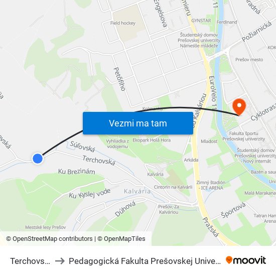 Terchovská to Pedagogická Fakulta Prešovskej Univerzity map