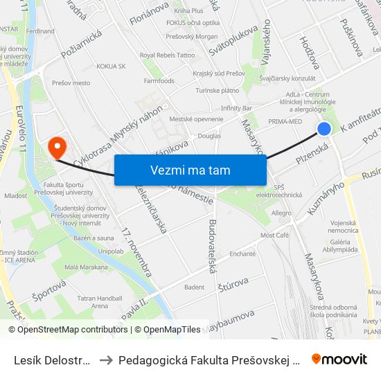 Lesík Delostrelcov to Pedagogická Fakulta Prešovskej Univerzity map