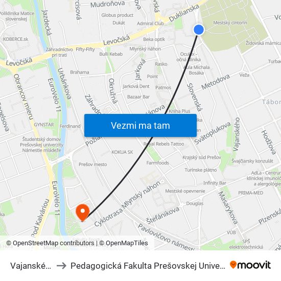 Vajanského to Pedagogická Fakulta Prešovskej Univerzity map