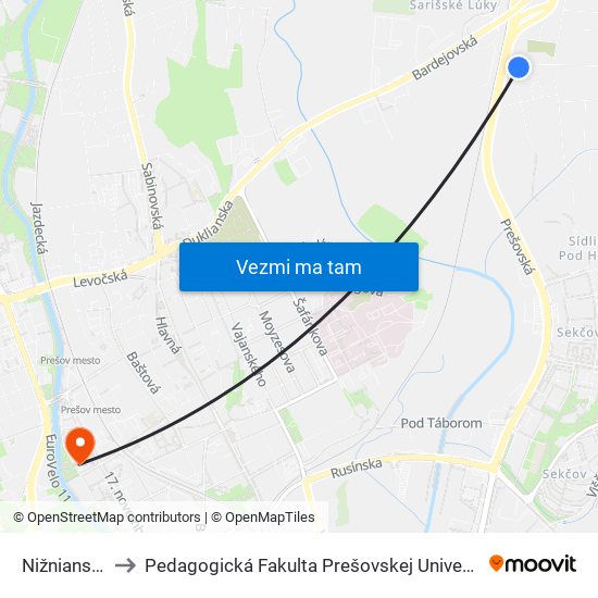 Nižnianska to Pedagogická Fakulta Prešovskej Univerzity map