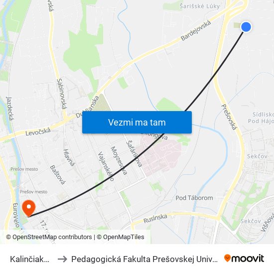 Kalinčiakova to Pedagogická Fakulta Prešovskej Univerzity map