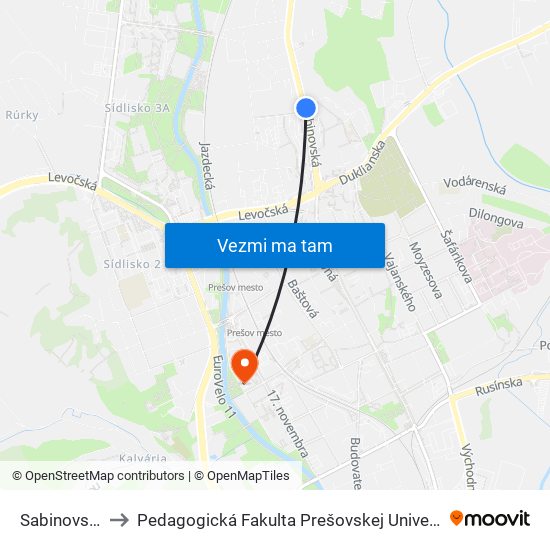 Sabinovská to Pedagogická Fakulta Prešovskej Univerzity map