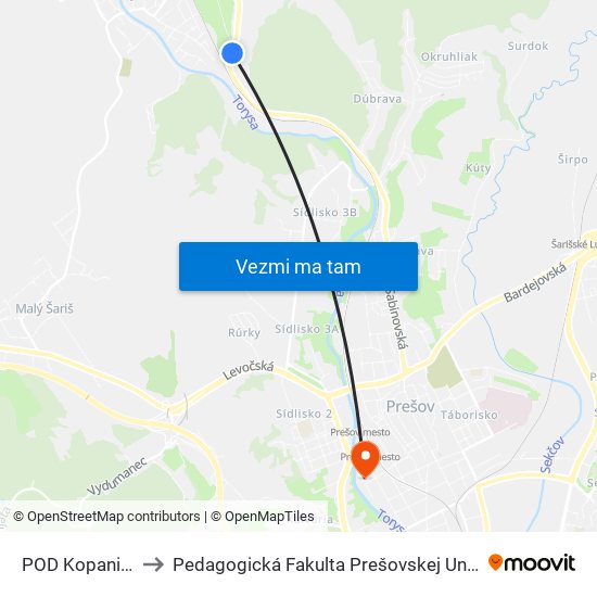 POD Kopaninou to Pedagogická Fakulta Prešovskej Univerzity map