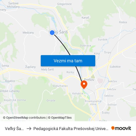 Veľký Šariš to Pedagogická Fakulta Prešovskej Univerzity map