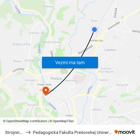 Strojnícka to Pedagogická Fakulta Prešovskej Univerzity map