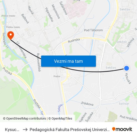 Kysucká to Pedagogická Fakulta Prešovskej Univerzity map