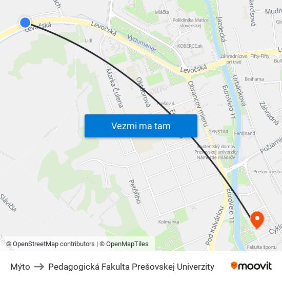 Mýto to Pedagogická Fakulta Prešovskej Univerzity map