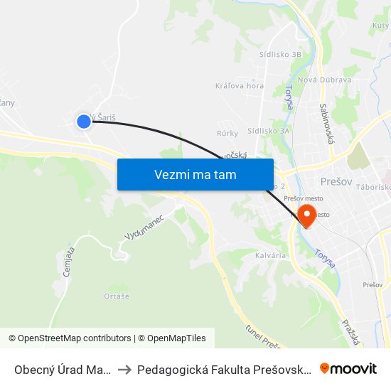 Obecný Úrad Malý Šariš to Pedagogická Fakulta Prešovskej Univerzity map