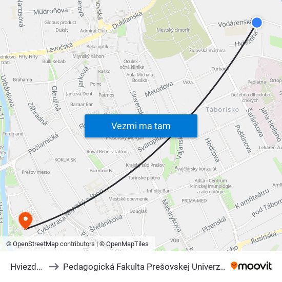 Hviezdna to Pedagogická Fakulta Prešovskej Univerzity map