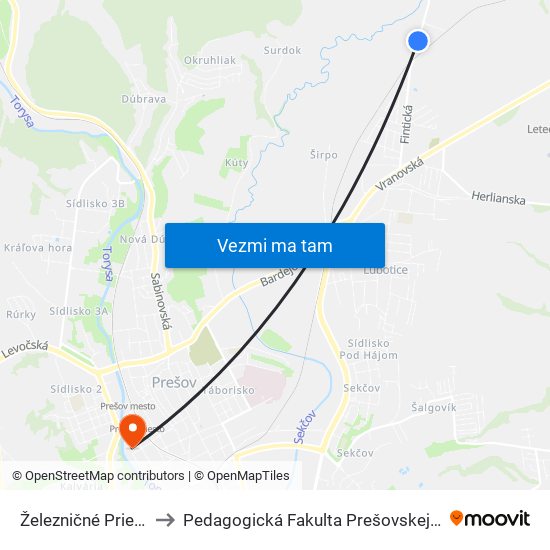 Železničné Priecestie to Pedagogická Fakulta Prešovskej Univerzity map