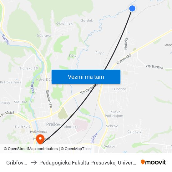 Gribľovec to Pedagogická Fakulta Prešovskej Univerzity map