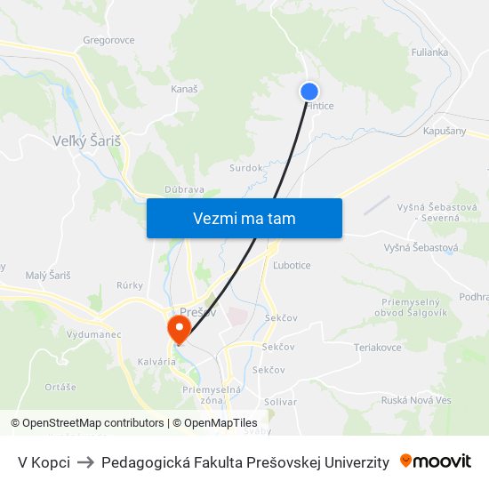 V Kopci to Pedagogická Fakulta Prešovskej Univerzity map