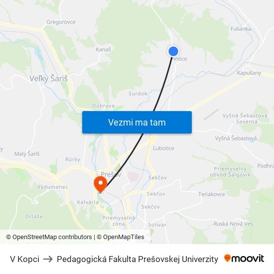V Kopci to Pedagogická Fakulta Prešovskej Univerzity map
