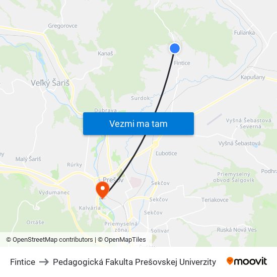 Fintice to Pedagogická Fakulta Prešovskej Univerzity map