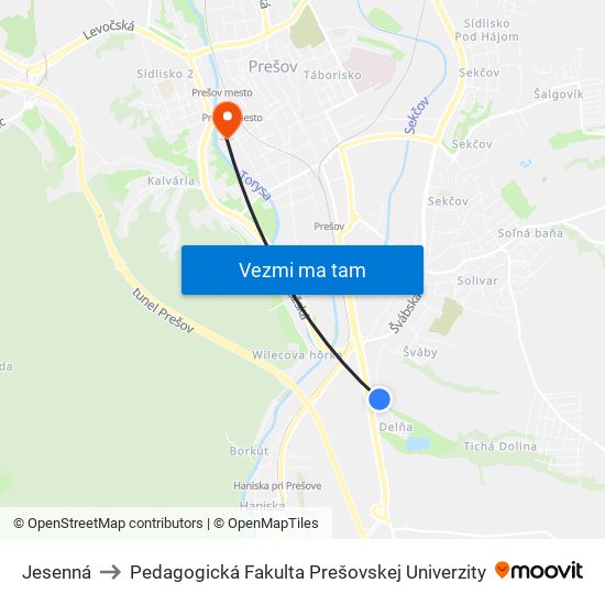 Jesenná to Pedagogická Fakulta Prešovskej Univerzity map