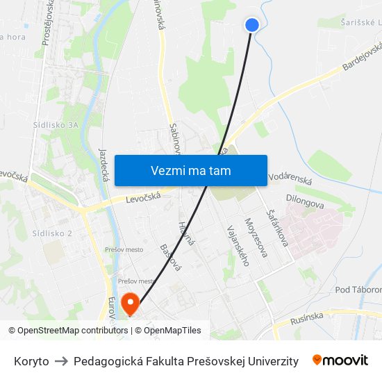 Koryto to Pedagogická Fakulta Prešovskej Univerzity map