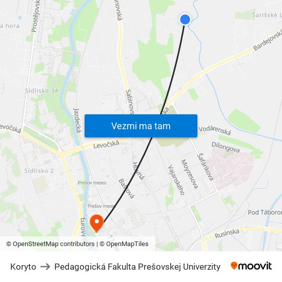 Koryto to Pedagogická Fakulta Prešovskej Univerzity map