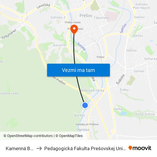 Kamenná Baňa to Pedagogická Fakulta Prešovskej Univerzity map