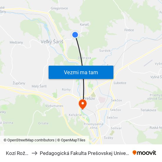 Kozí Rožok to Pedagogická Fakulta Prešovskej Univerzity map