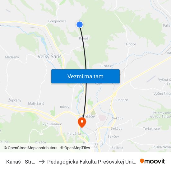 Kanaš - Stráže to Pedagogická Fakulta Prešovskej Univerzity map