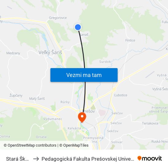 Stará Škola to Pedagogická Fakulta Prešovskej Univerzity map