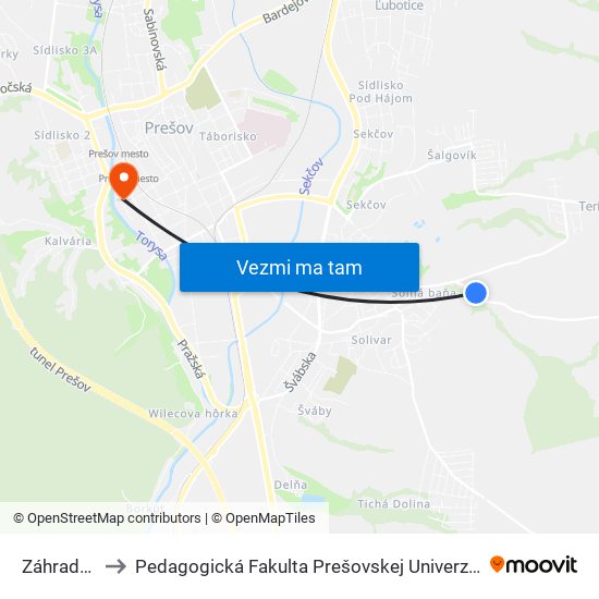 Záhradky to Pedagogická Fakulta Prešovskej Univerzity map