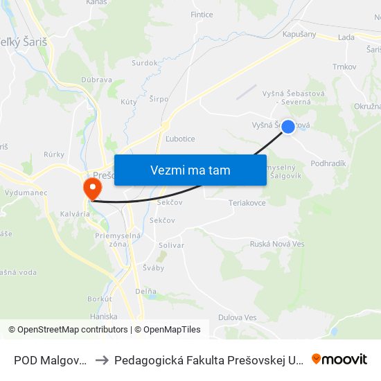 POD Malgovcom to Pedagogická Fakulta Prešovskej Univerzity map