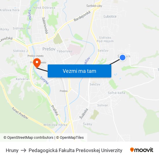 Hruny to Pedagogická Fakulta Prešovskej Univerzity map