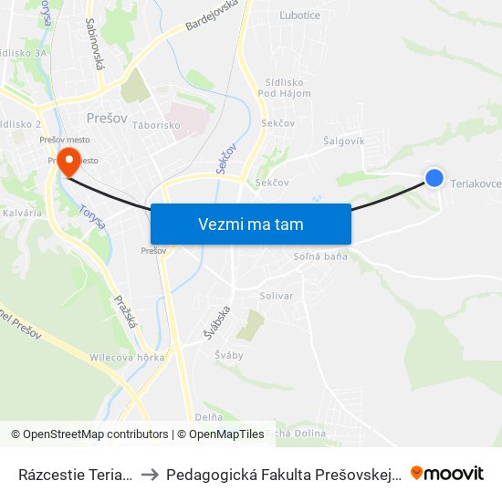 Rázcestie Teriakovce to Pedagogická Fakulta Prešovskej Univerzity map
