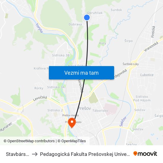 Stavbárska to Pedagogická Fakulta Prešovskej Univerzity map