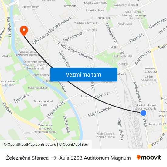 Železničná Stanica to Aula E203 Auditorium Magnum map