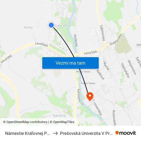 Námestie Kráľovnej Pokoja to Prešovská Univerzita V Prešove map