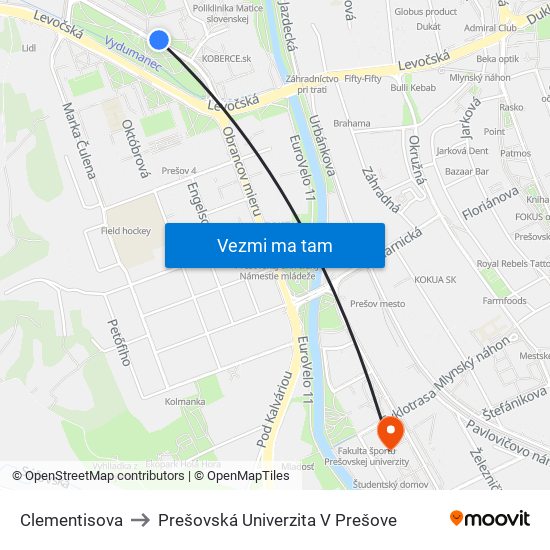 Clementisova to Prešovská Univerzita V Prešove map