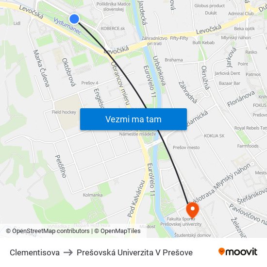 Clementisova to Prešovská Univerzita V Prešove map