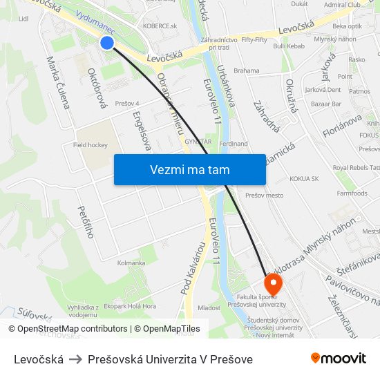 Levočská to Prešovská Univerzita V Prešove map