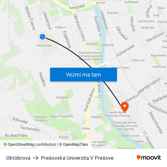 Októbrová to Prešovská Univerzita V Prešove map