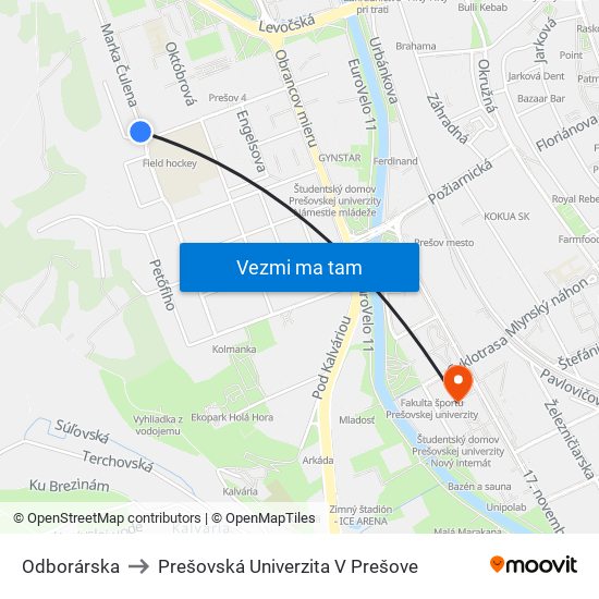 Odborárska to Prešovská Univerzita V Prešove map