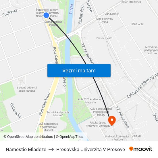 Námestie Mládeže to Prešovská Univerzita V Prešove map