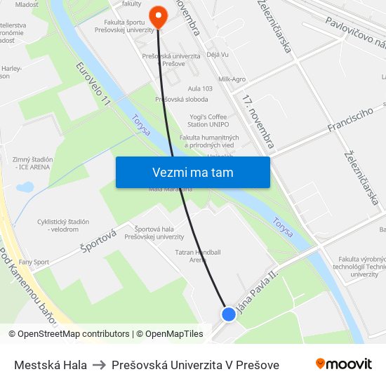 Mestská Hala to Prešovská Univerzita V Prešove map