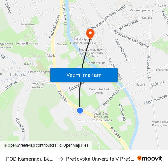 POD Kamennou Baňou to Prešovská Univerzita V Prešove map