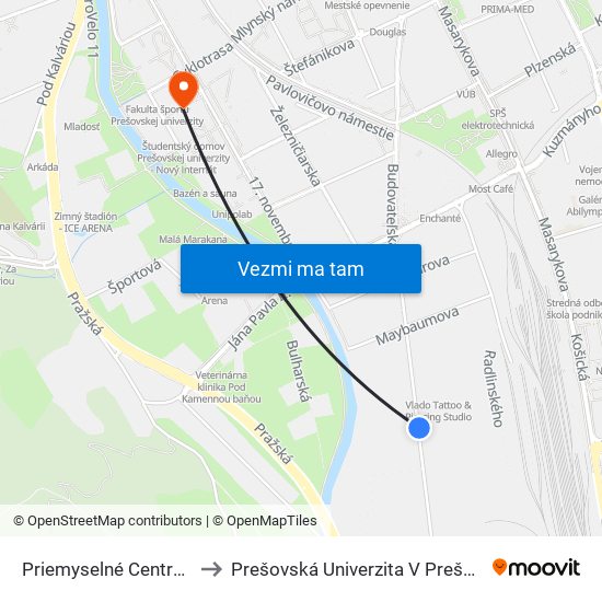 Priemyselné Centrum to Prešovská Univerzita V Prešove map