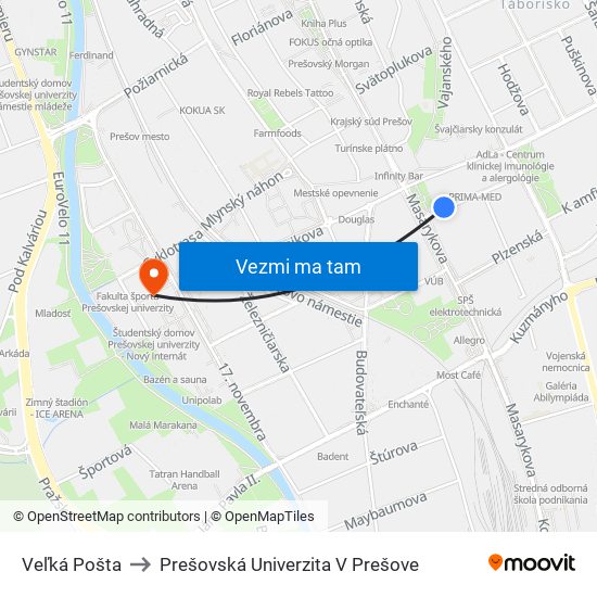 Veľká Pošta to Prešovská Univerzita V Prešove map