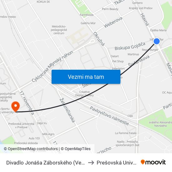 Divadlo Jonáša Záborského (Veľká Pošta - Smer Veľký Šariš) to Prešovská Univerzita V Prešove map