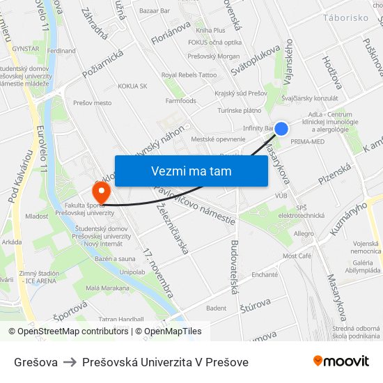 Grešova to Prešovská Univerzita V Prešove map