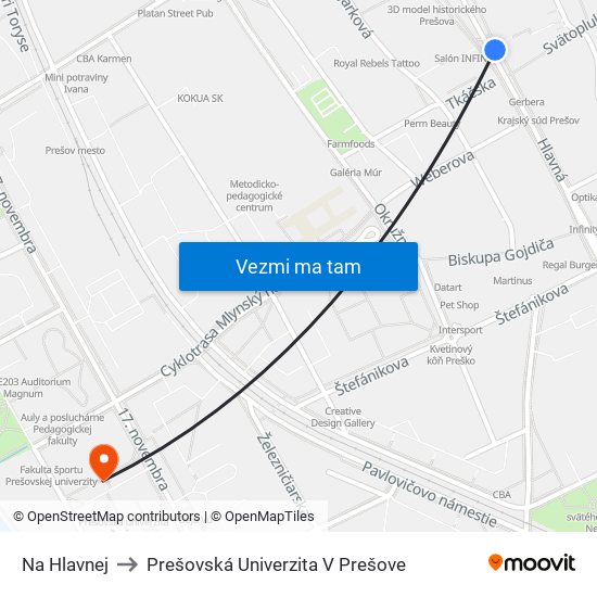 Na Hlavnej to Prešovská Univerzita V Prešove map