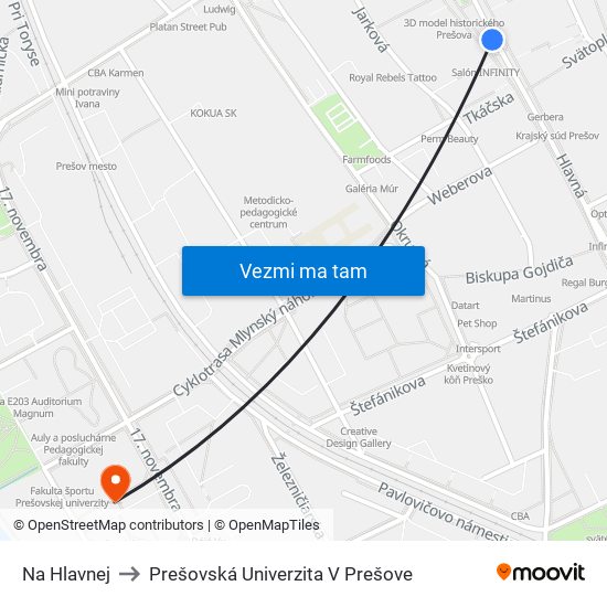 Na Hlavnej to Prešovská Univerzita V Prešove map