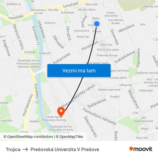 Trojica to Prešovská Univerzita V Prešove map
