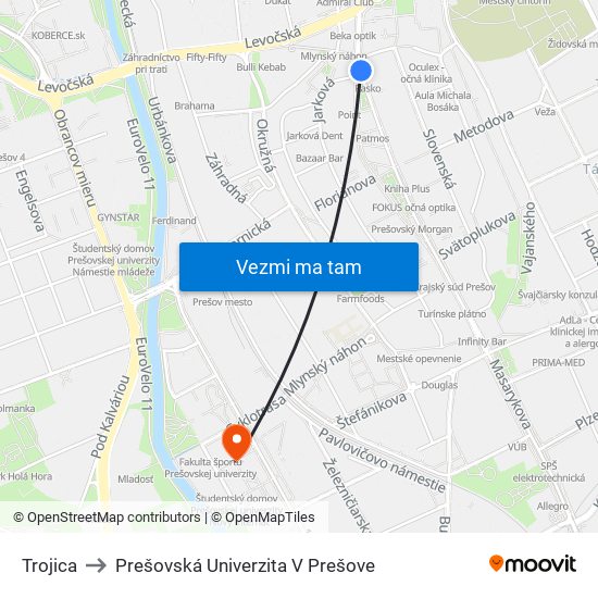 Trojica to Prešovská Univerzita V Prešove map